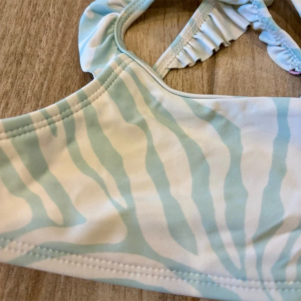 GB Girls 2-Piece Zebra Print Bikini Swimsuit Set Blue/White Ruffle Size 5